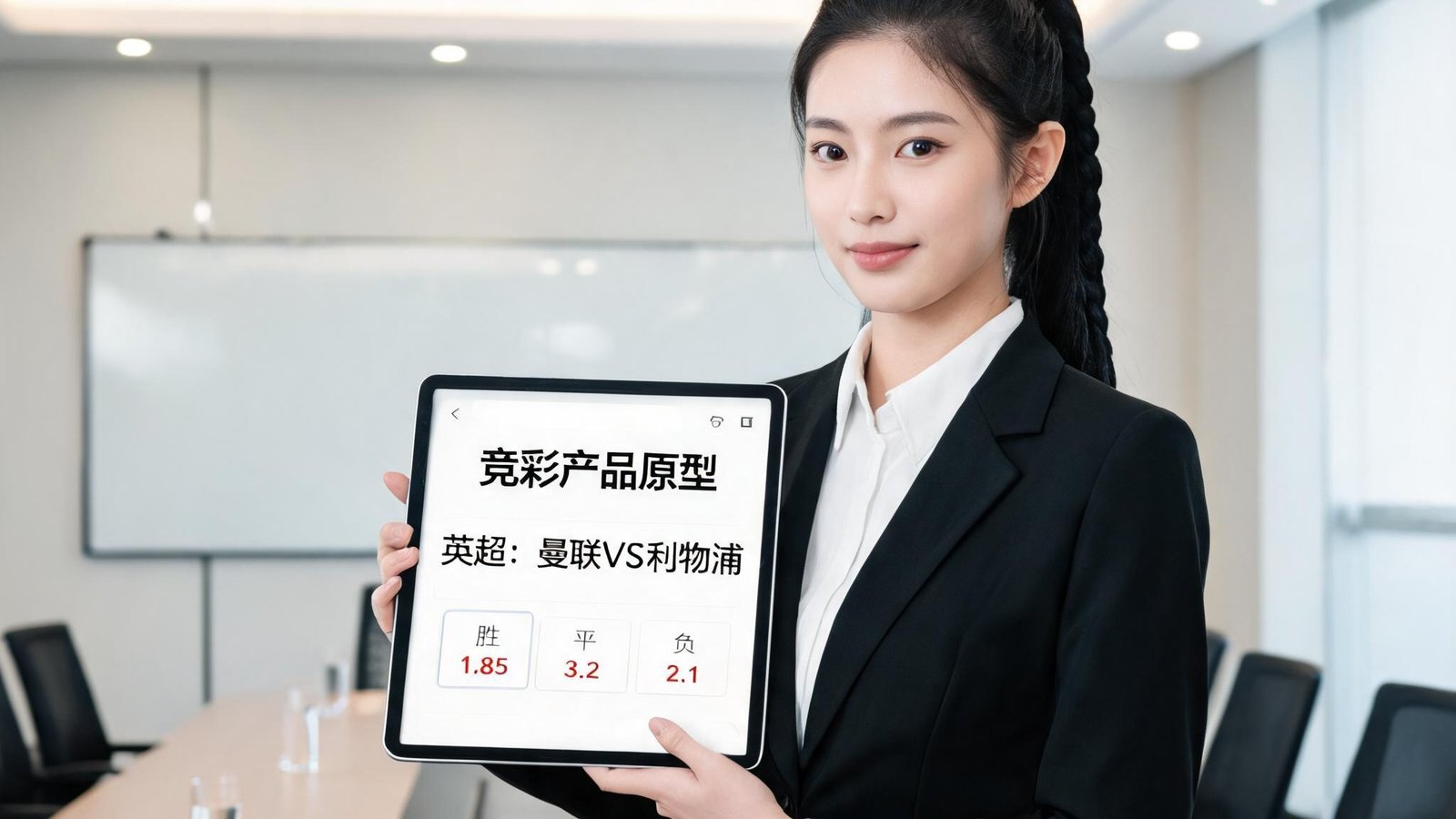 一位干练的年轻女性，马尾辫，在会议室用平板展示竞彩产品原型图