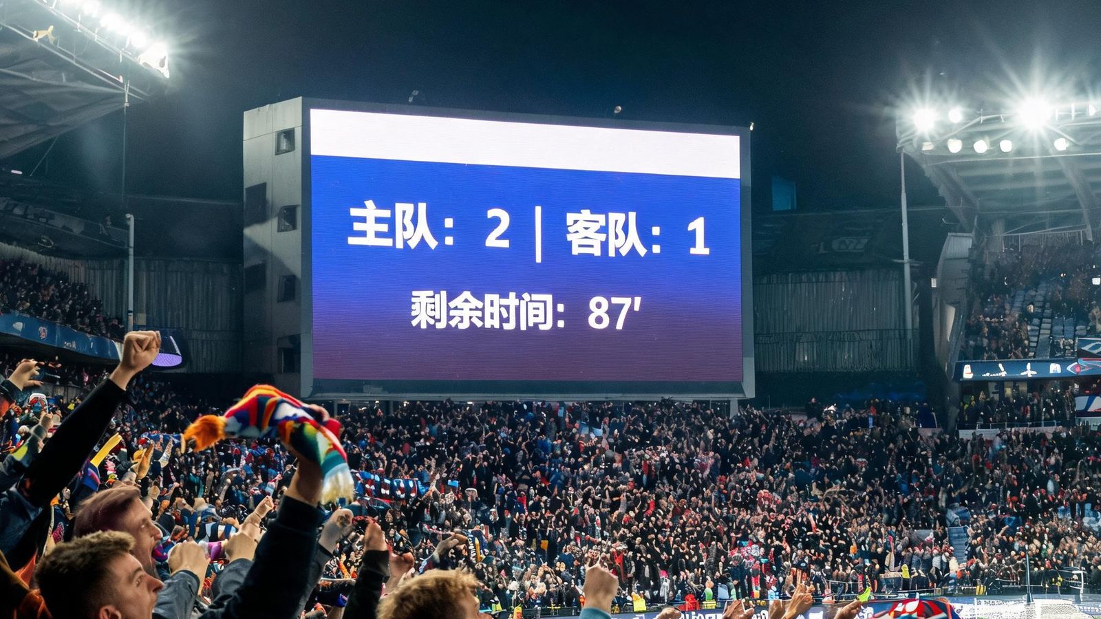 足球场边大屏幕显示实时比分和剩余时间，球迷欢呼