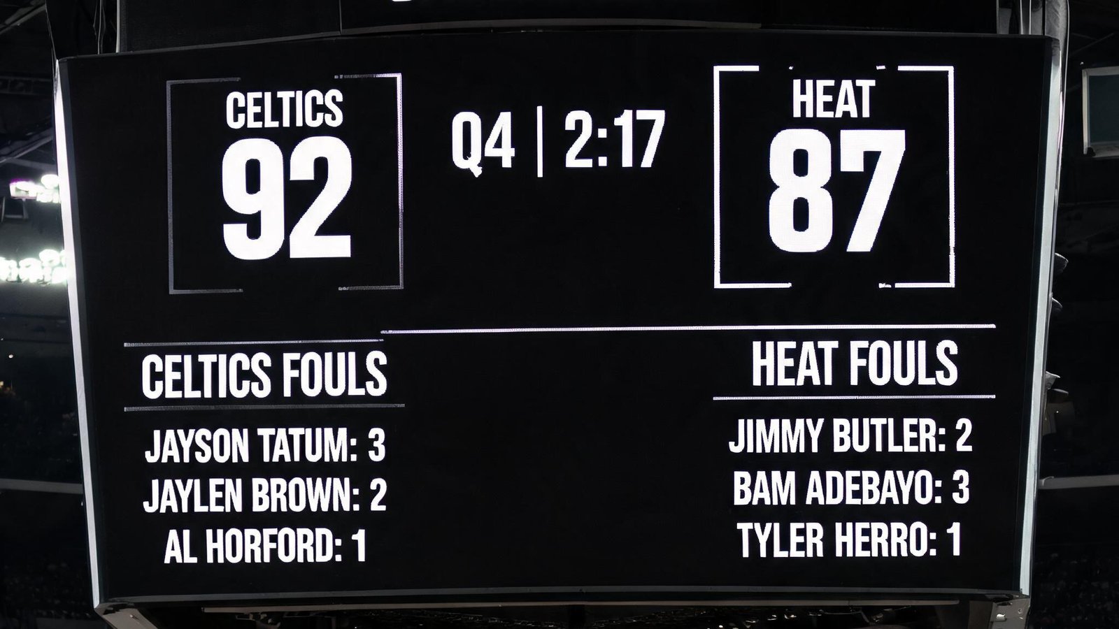 篮球馆中央大屏显示NBA季后赛即时比分和球员犯规数据