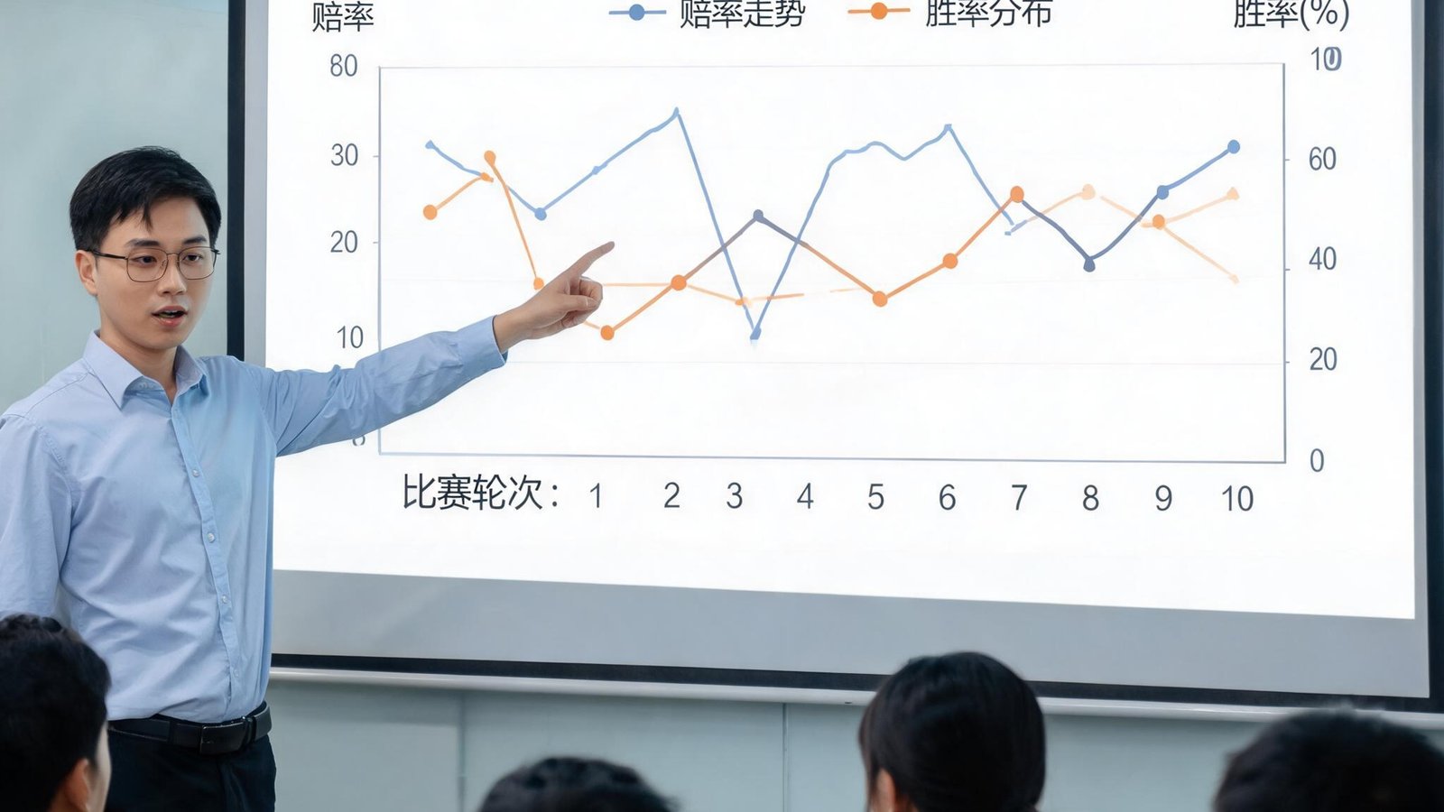 数据分析师指着大屏幕上的折线图解释竞彩赔率走势和胜率分布