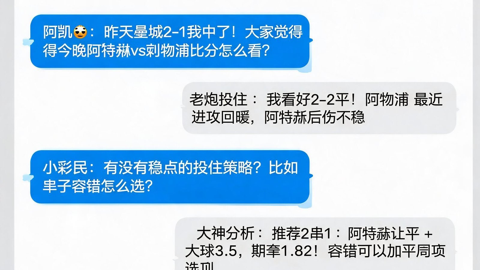 一群竞彩爱好者在线上社区讨论比分分析和投注策略，界面活跃