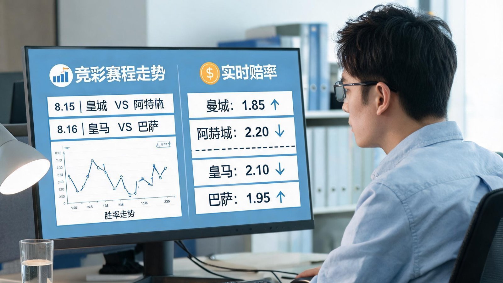 数据分析师在电脑前查看竞彩赛程走势图和实时赔率变化